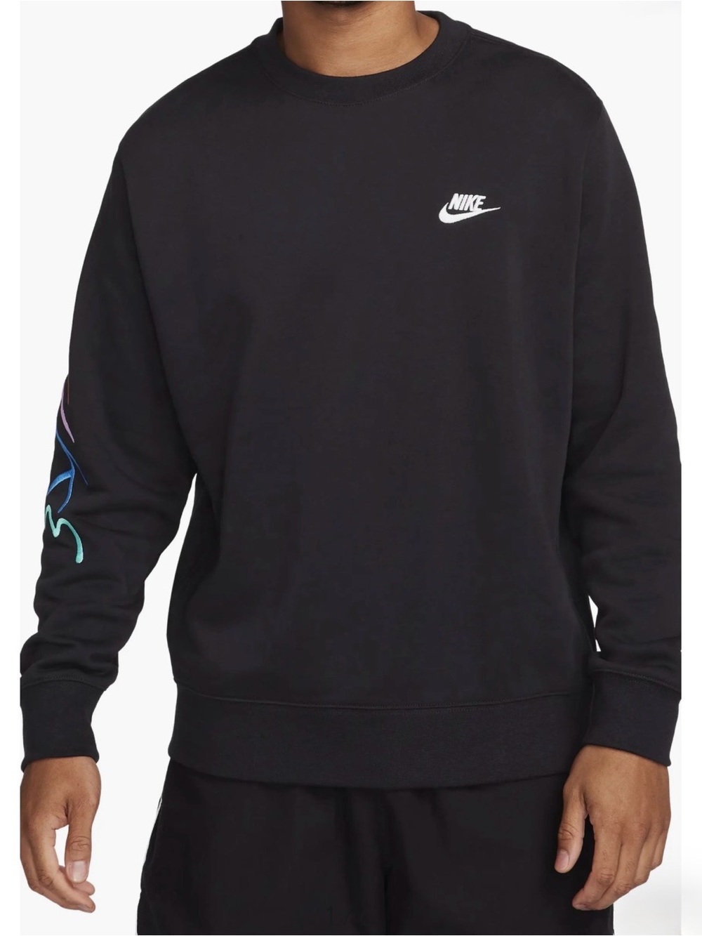 Nike Club Fleece Men's Brushed-Back Graphic Crew FB7475-011 Black Size M